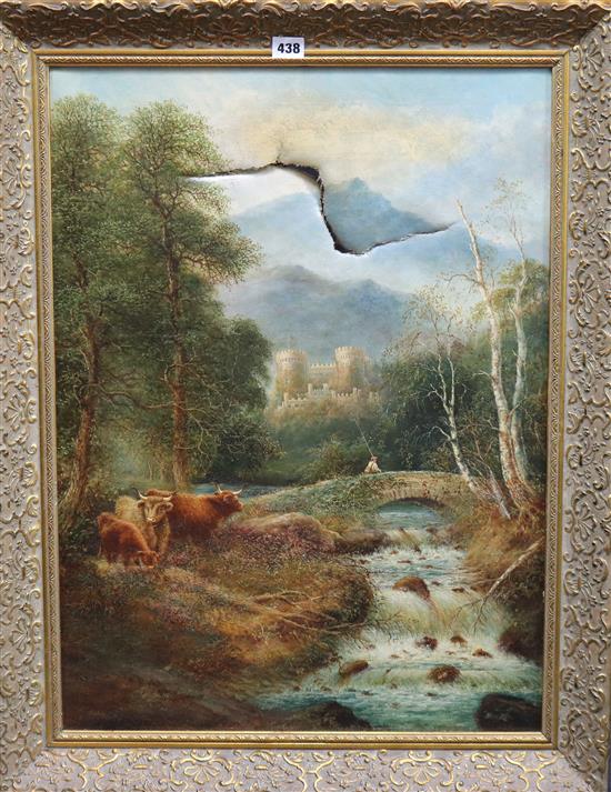 H. Harris, oil on canvas, Highland cattle and angler before a castle, signed, 68 x 50cm, canvas torn